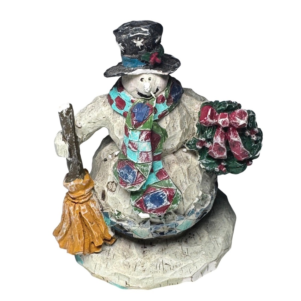 Charming Handcrafted‎ Snowman Figurine with Broom and Wreath Whimsical